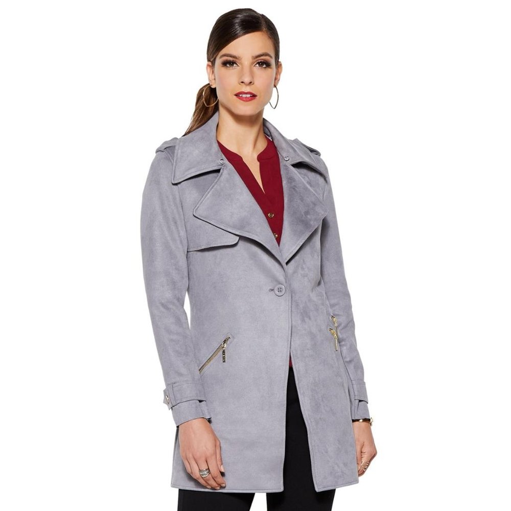 Soft Faux Suede Driving Coat w/ Faux Fur - Silver